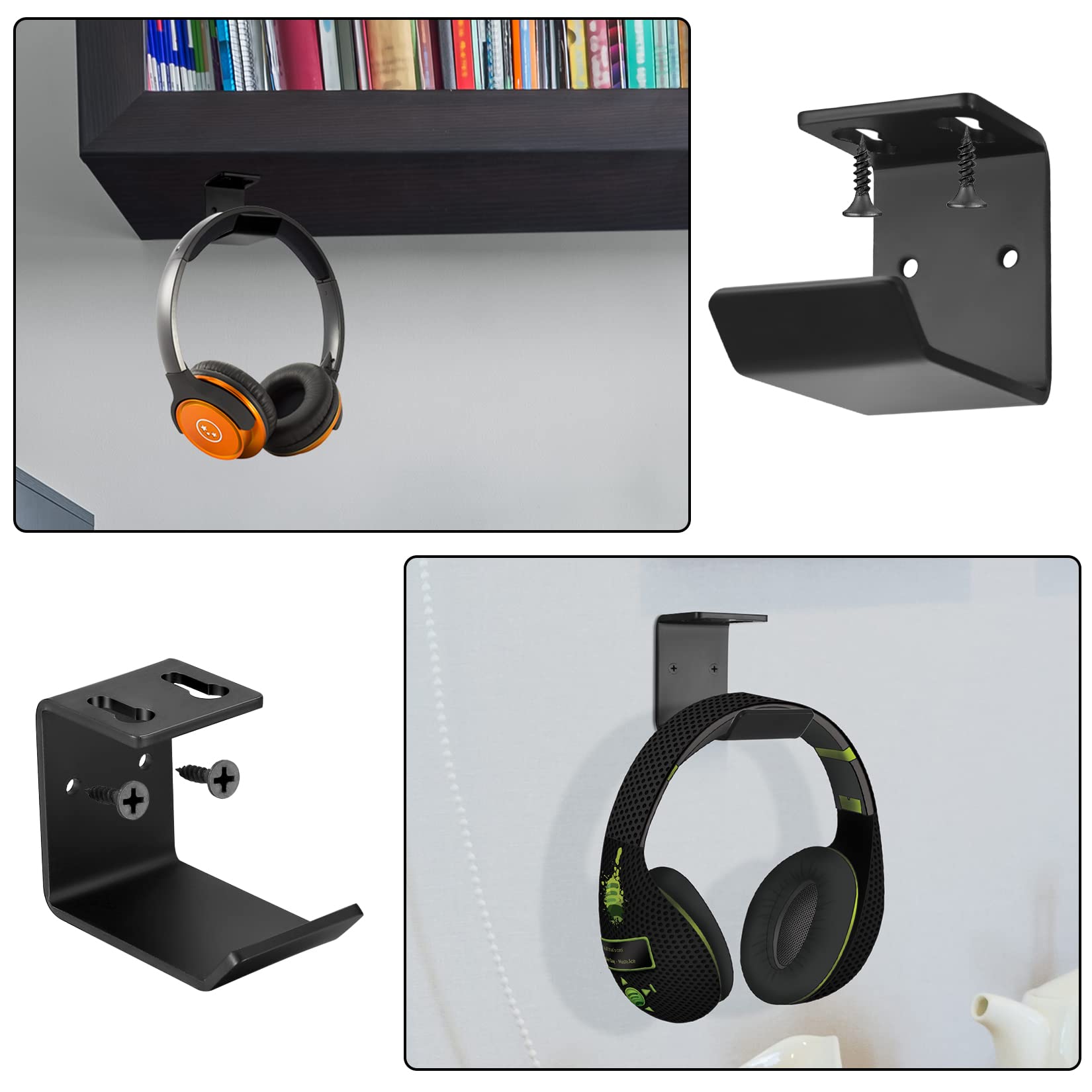 2 Pezzi Supporti per Cuffie, Gancio per Cuffie Sotto Scrivania, Supporto da Parete per Cuffie Wireless e Cablate, con Nastro Adesivo e Viti per Cuffie (nero)