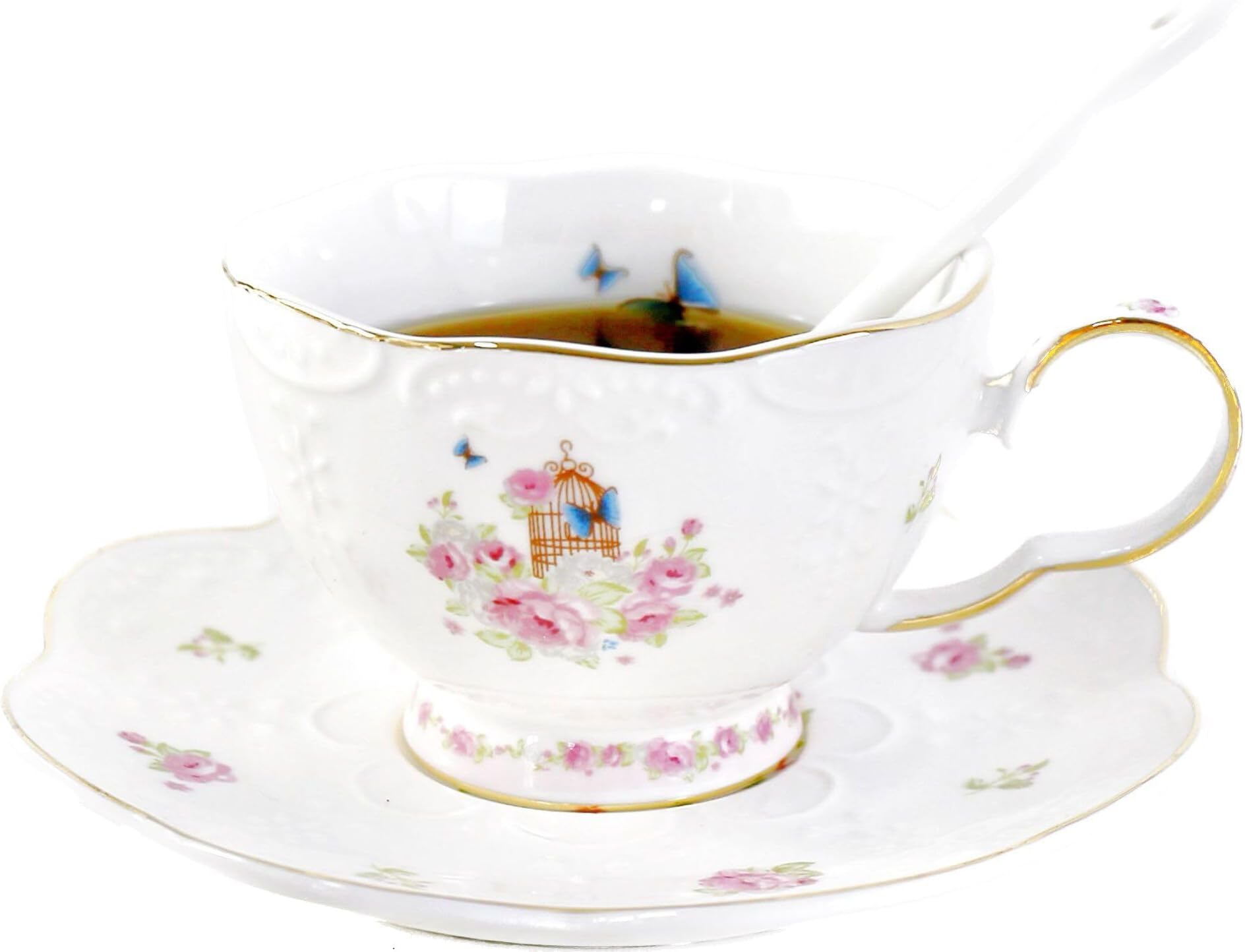 YBK Tech Ceramic Cup and Saucer Set, 6.8oz Coffee Cup- Pink Roses