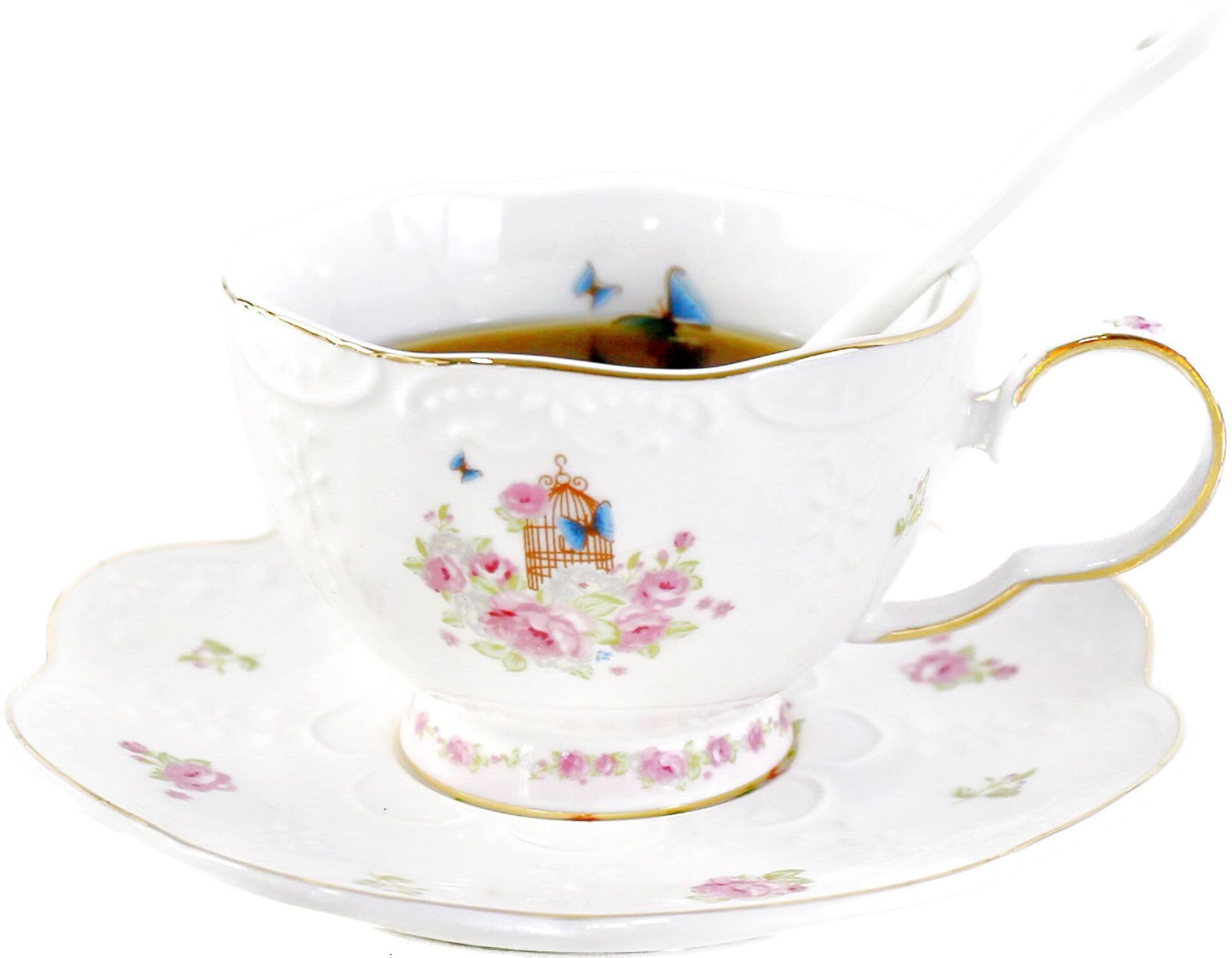 YBK Tech Ceramic Cup and Saucer Set, 6.8oz Coffee Cup- Pink Roses