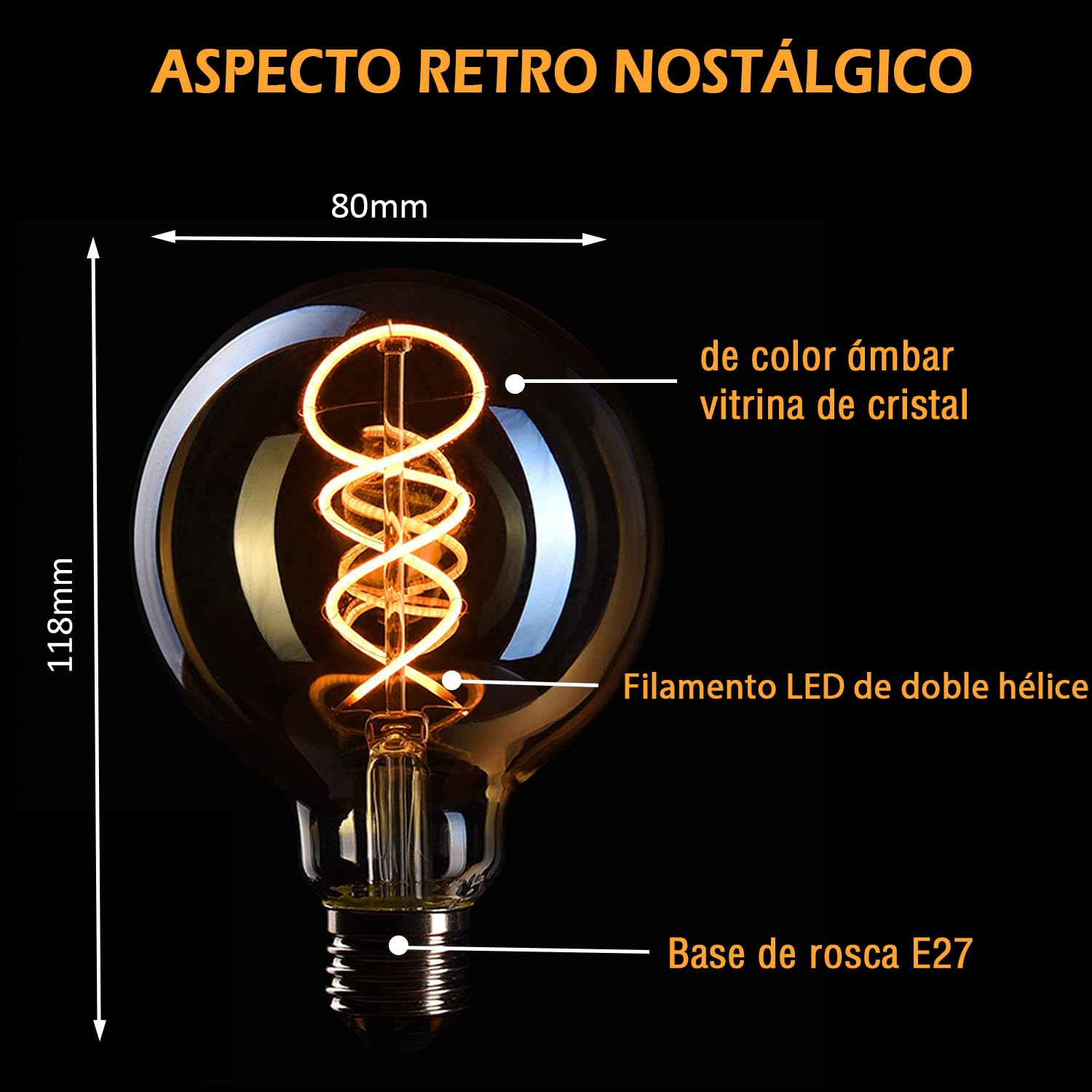 Bombilla LED vintage Edison, Bombilla regulable E27 4W LED blanco cálido, Lámpara Edison vintage regulable E27, ideal para nostalgia y retro - Gris Humo - 6 piezas (G80 YHS)