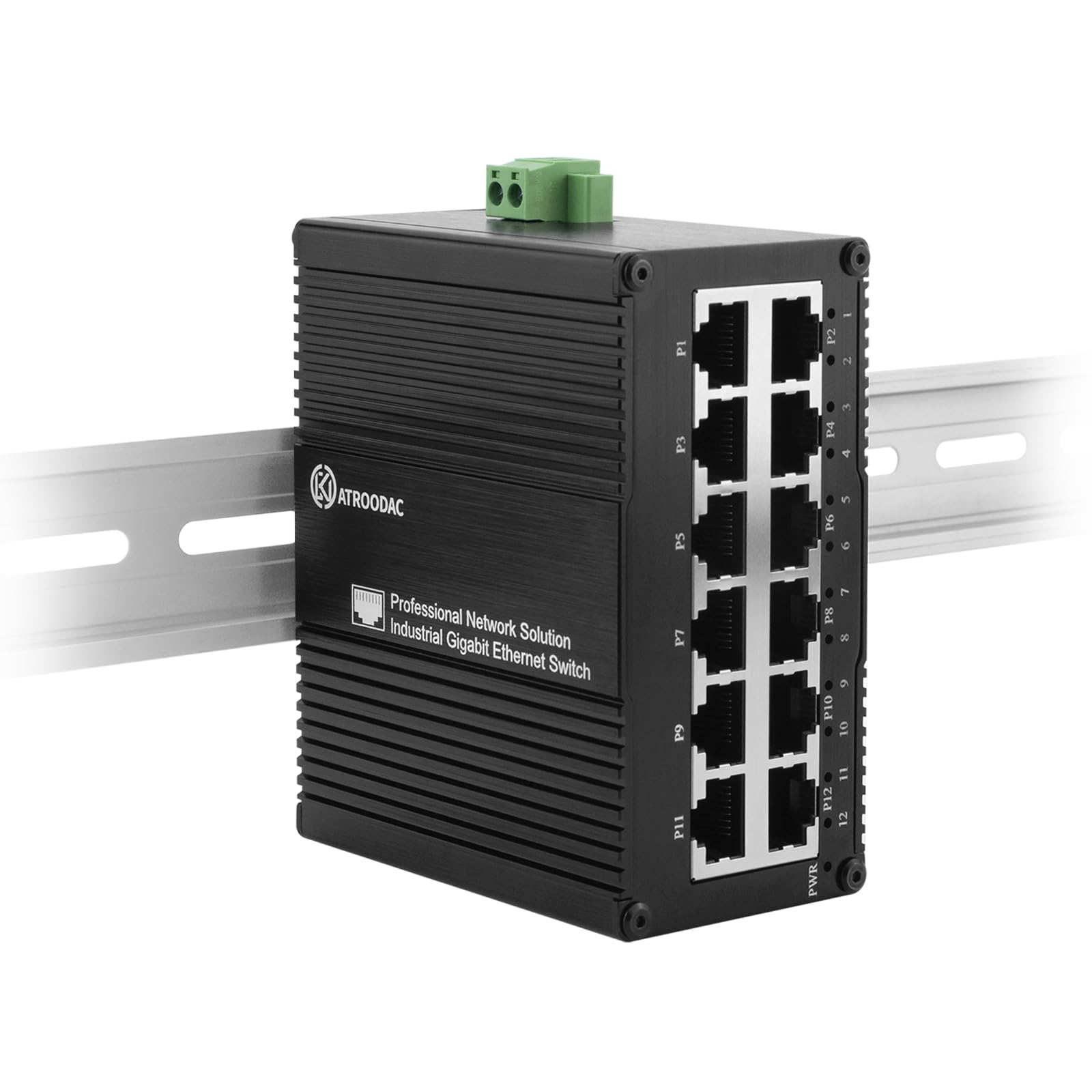 12 Port Gigabit Ethernet Switch, Unmanaged Industrial Network Switch, Dual Power Input (USB-C 5V/DC 9-56V), 10/100/1000 Mbps, Plug & Play, DIN-Rail & Wall Mount, for Home, Office & Automation