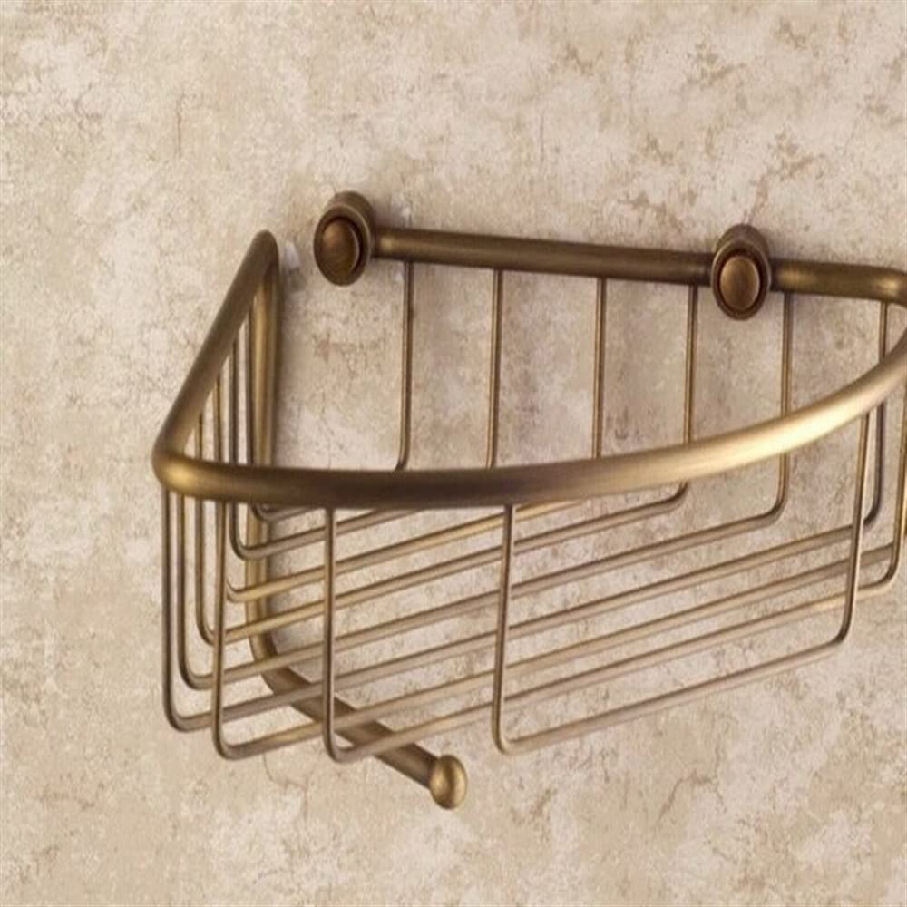 Estantes de baño exquisitos baño de latón Antiguo montado en la Pared Estante de Ducha de Esquina de un Solo Nivel Cesta de Almacenamiento con Gancho, Accesorio de baño
