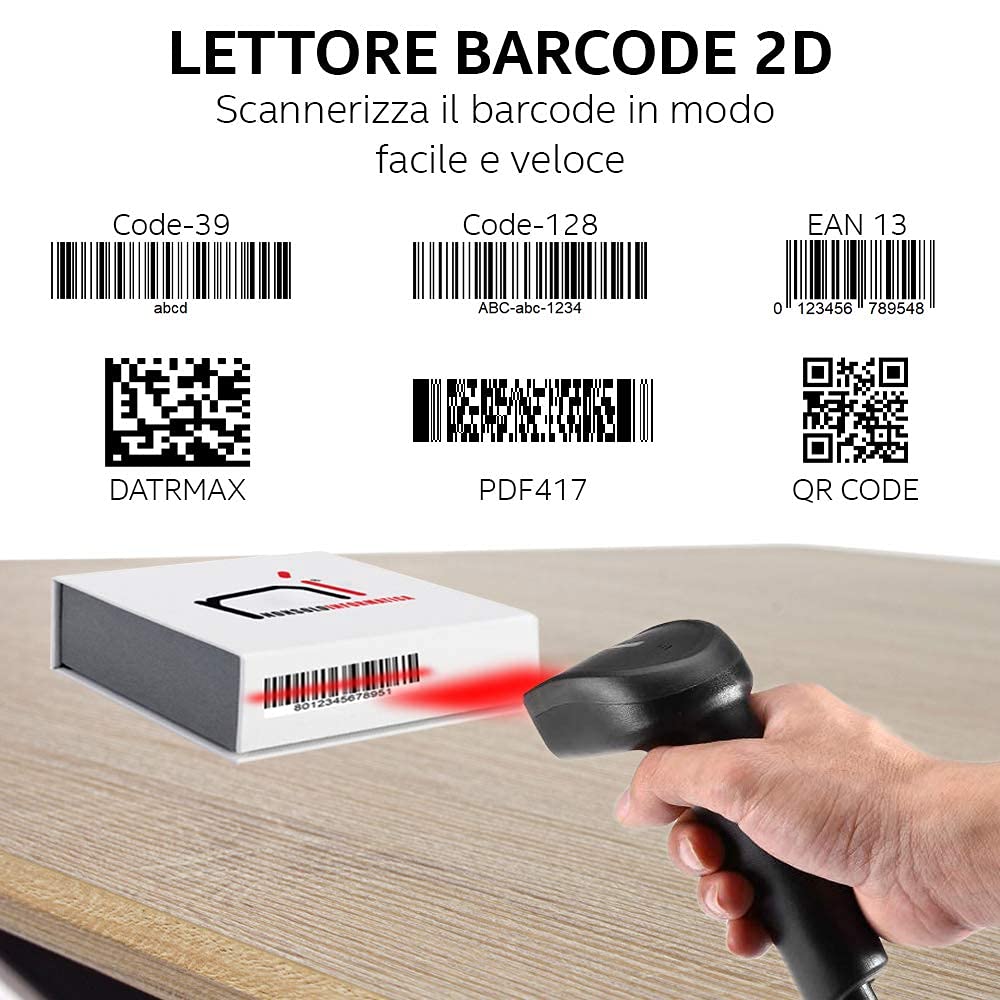 METEOR Lettore Codici Barcode 2D QR Scanner a Barre PROFESSIONALE，Scanner Laser CCD Luce Rossa con Cavo USB per Linux Mac e Windows pc Plug e Play (Nero e Arancione) Computer, Notebook, Windows XP/7/8
