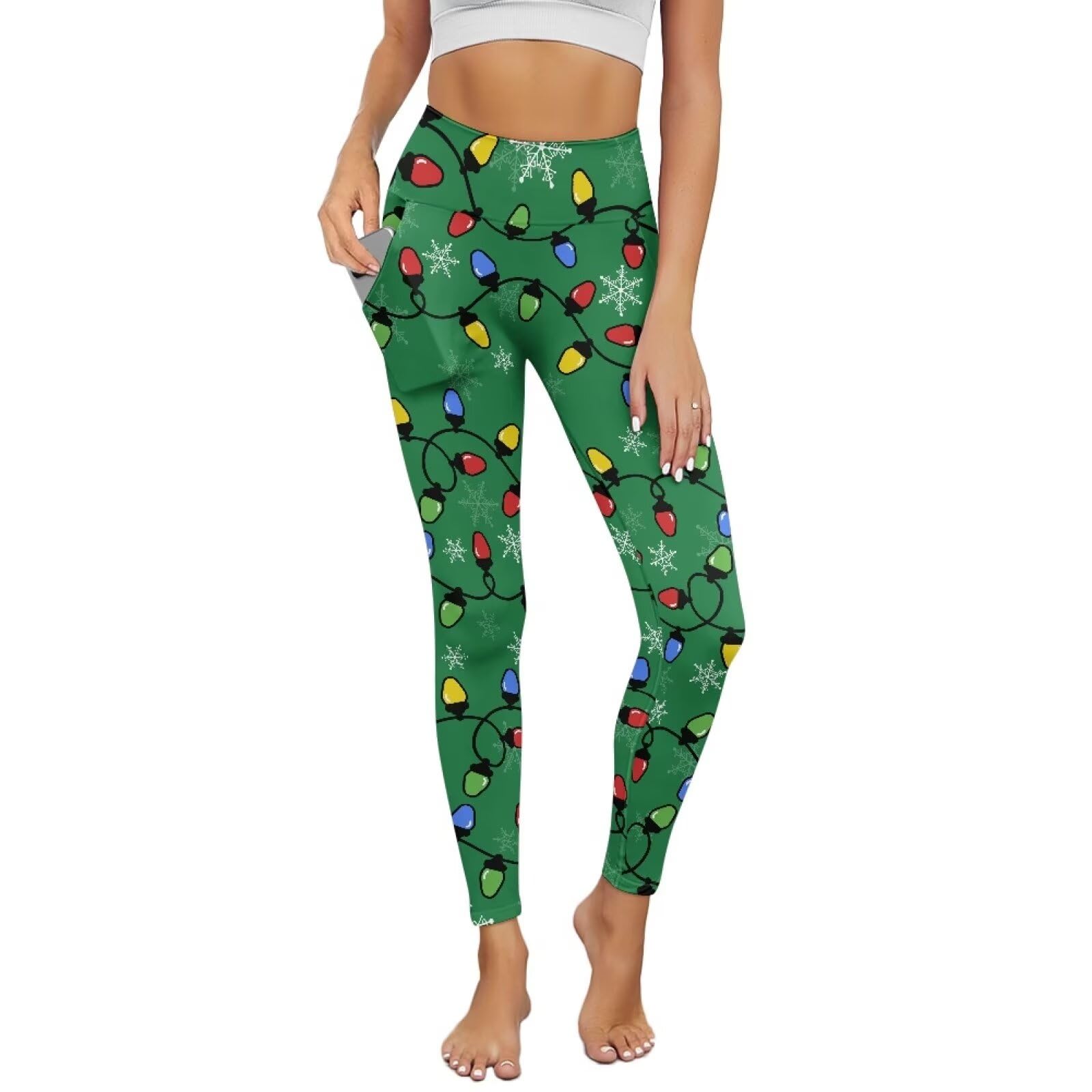 RMMRIYUE Xmas High Waisted Women's Yoga Pants Christmas Colorful Lights Snowflake Naked Feeling Tummy Control Long Pants with Pockets for Workout Athletic Leggings Size L