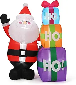 6FT Christmas Inflatable Outdoor Decorations, Cute Santa with Gift Box, Blow Up Xmas Yard Decoration for Holiday Home Party Garden Lawn Decor, Indoor Outdoor Use, Easy Installation