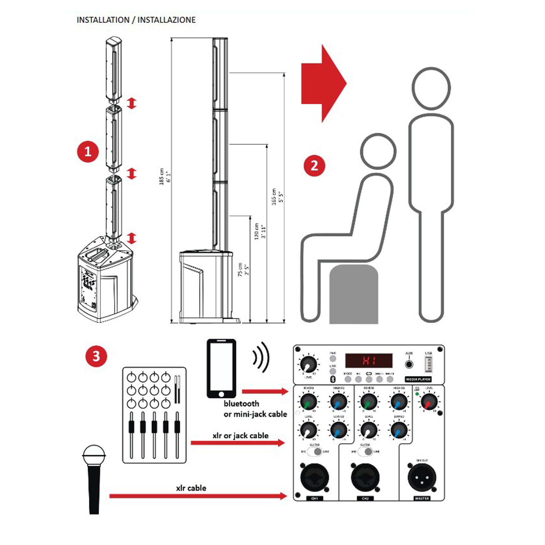Proel SESSION1X - Sistema audio a colonna da 400W di picco con modulo MP3, USB e BLUETOOTH Stereo, Nero