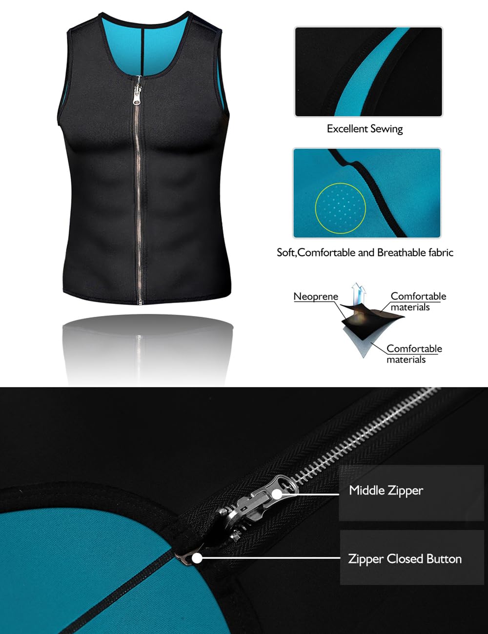 Chaleco Sauna Deportivo Hombre Camiseta Fitness Faja Compresión para Sudoración, Reductora de Neopreno con Cremallera