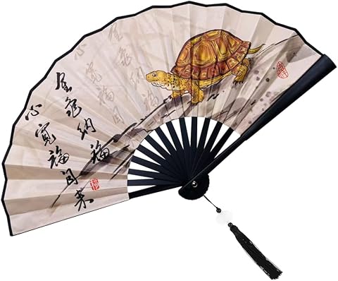 Folding Hand Fan,Handheld Foldable Vintage Black Chinese Japanese Style Fan with Tassels for Dance Music Festival Party (Turtle)