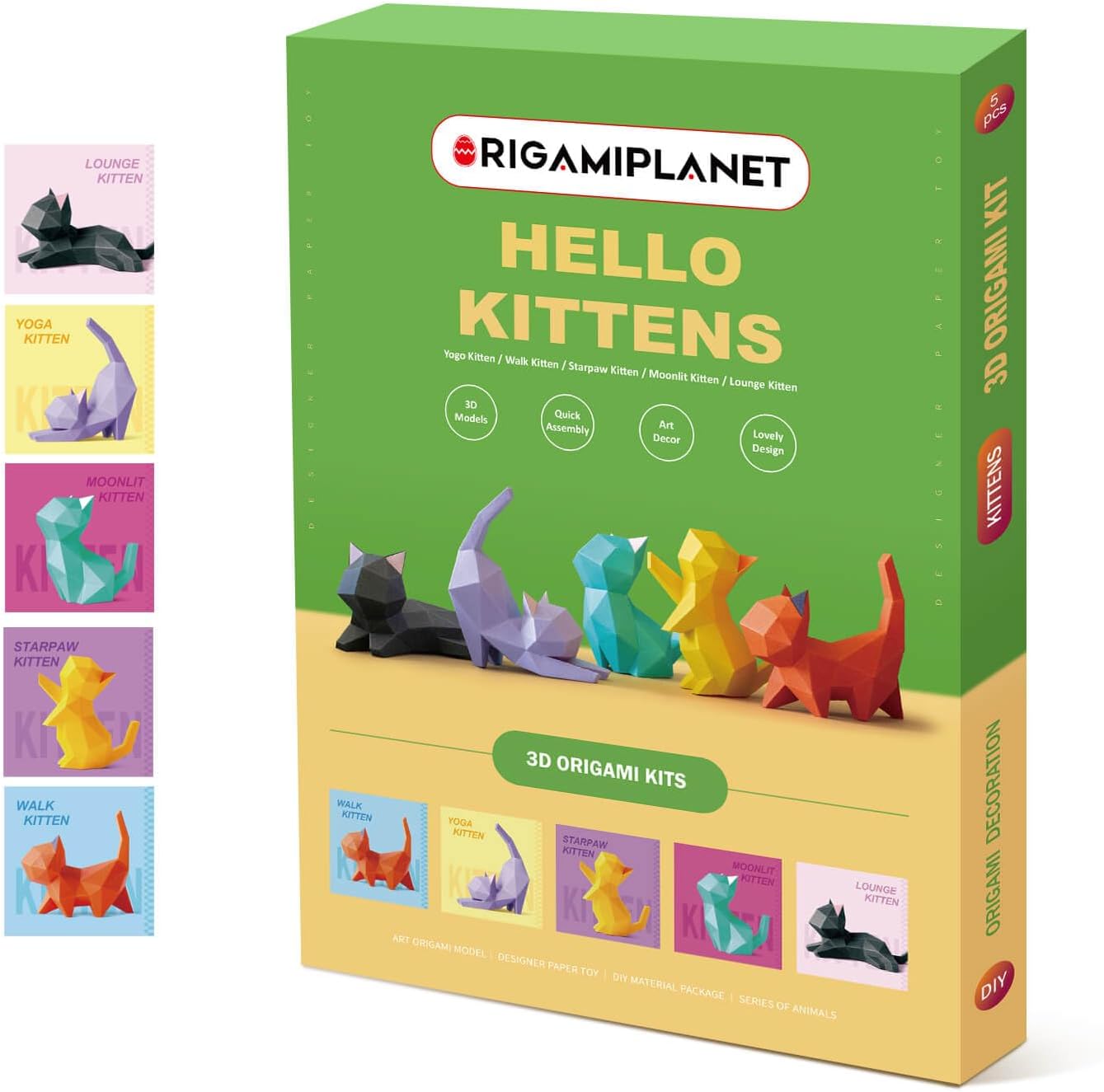 ORIGAMIPLANET Hello Kittens 3D Origami Paper Craft Gift Set-5 pcs, Cute Cat Pre-Cut Origami Kit, Animal Paper Sculpture Kit for Teens & Adults, Home Decor DIY Art Gift for Birthday, Family Activity
