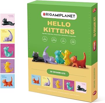 ORIGAMIPLANET Hello Kittens 3D Origami Paper Craft Gift Set-5 pcs, Cute Cat Pre-Cut Origami Kit, Animal Paper Sculpture Kit for Teens & Adults, Home Decor DIY Art Gift for Birthday, Family Activity