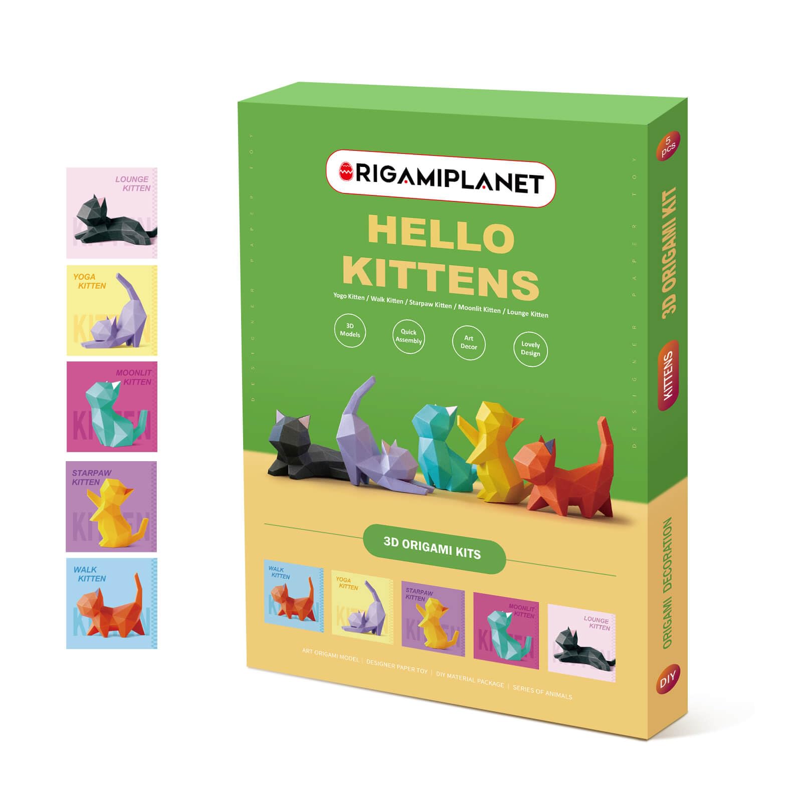 Hello Kittens 3D Katzen Papiermodell Set, 5er Set Papercraft DIY Papierbastelset mit bunten Katzenfiguren, Kreative Papierskulptur Geschenkbox für Erwachsene