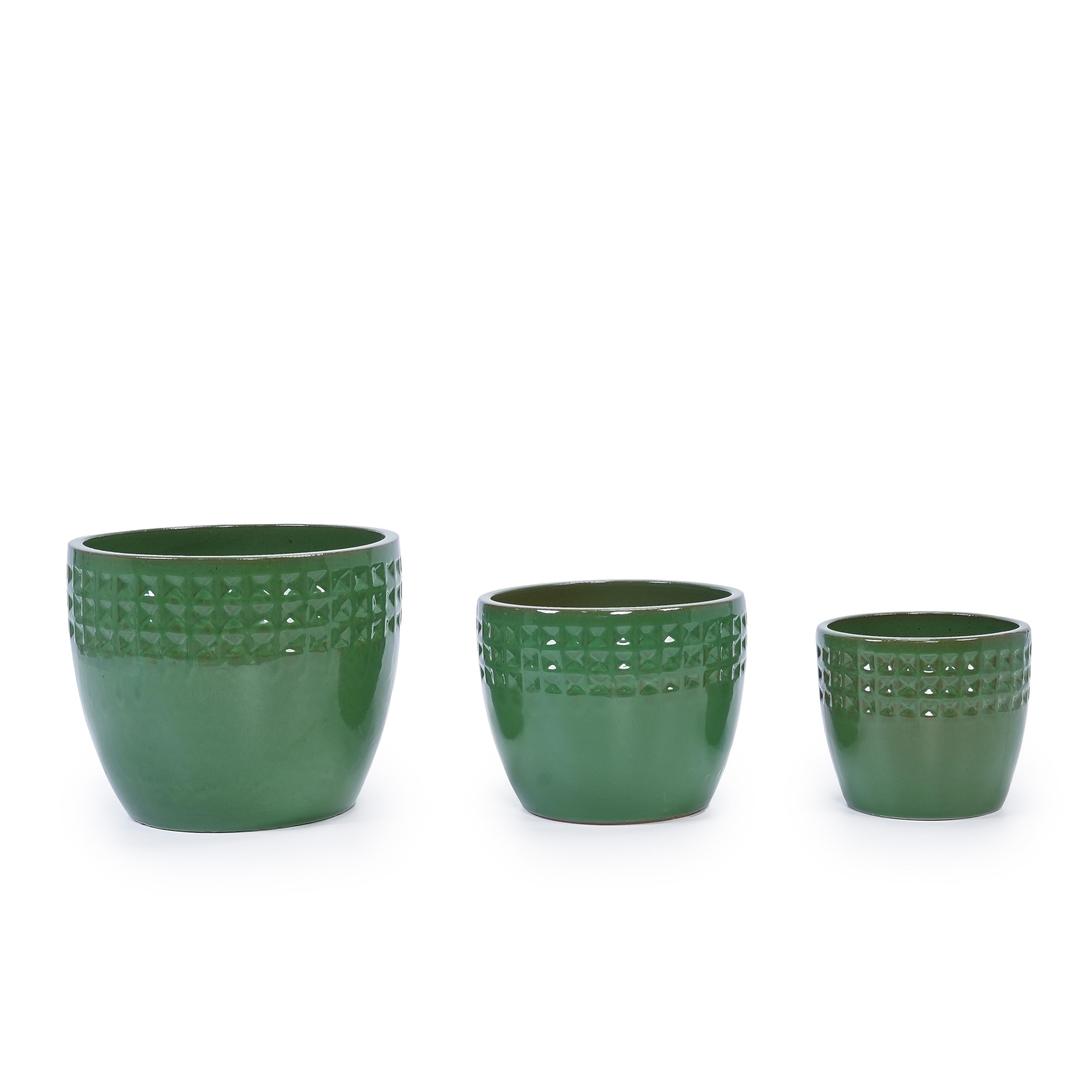 Ceramiczna doniczka na kwiaty, 3-częściowy, ręcznie wykonana, ozdobna doniczka z zielonym wzorem w romby, jasnozielona, Ø 38/30/23 cm, odporna na mróz i otwory odpływowe, do użytku wewnątrz i