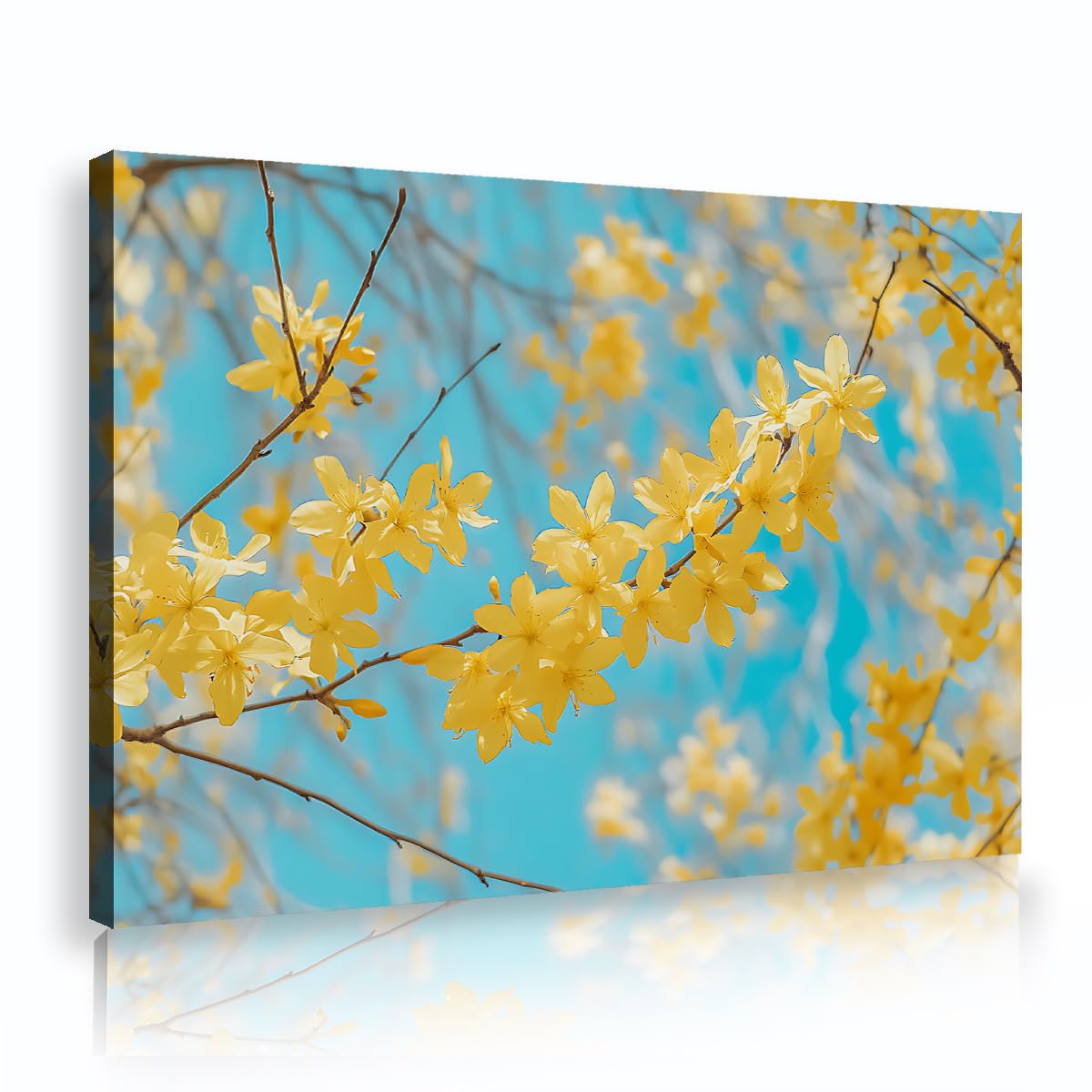 TOANGWALL Spring Forsythia Canvas Wall Art Teal Blue Teal Sky Yellow Flower Poster Prints Romantic Botanical Picture Painting for Bathroom Dining Room Hallway Decor 75x115cm