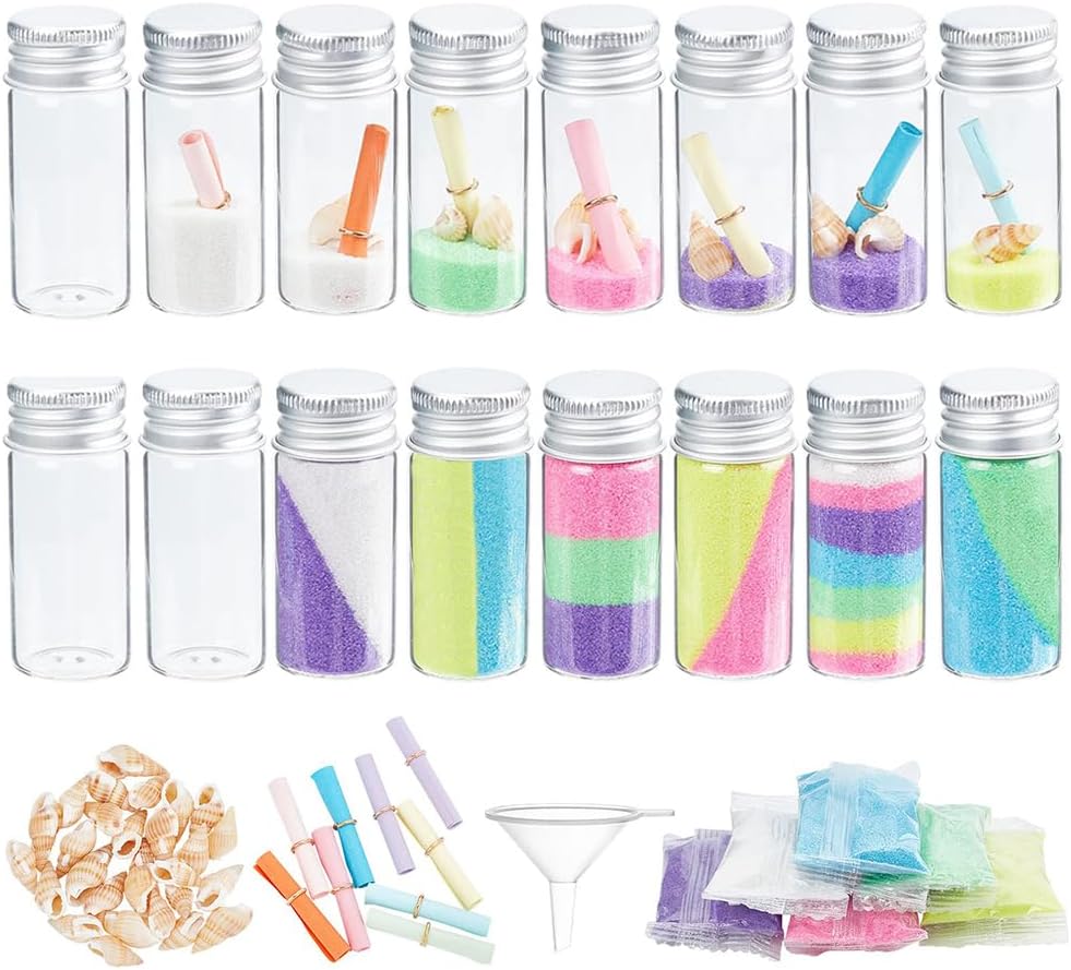 WEBEEDY 16 Set DIY Colored Sand Bottle Art Activity Kit Create Your Own Sand Art Craft Set Included Wishing Bottles Colorful Sands Beach Sea Shells Message Paper