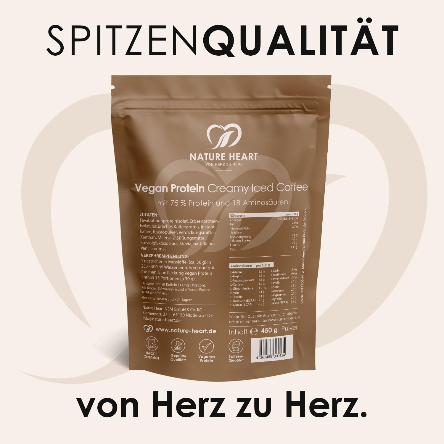 Nature Heart Creamy Protein Iced Coffee, 450g, Vegan, Kaffee Geschmack | Cremig