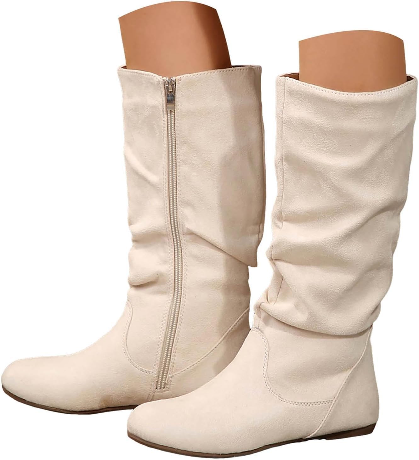Womens Knee High Boots Round Toe Side Zipper Suede Slouchy Flat Boots Low Heel Wide Calf Boot Pull