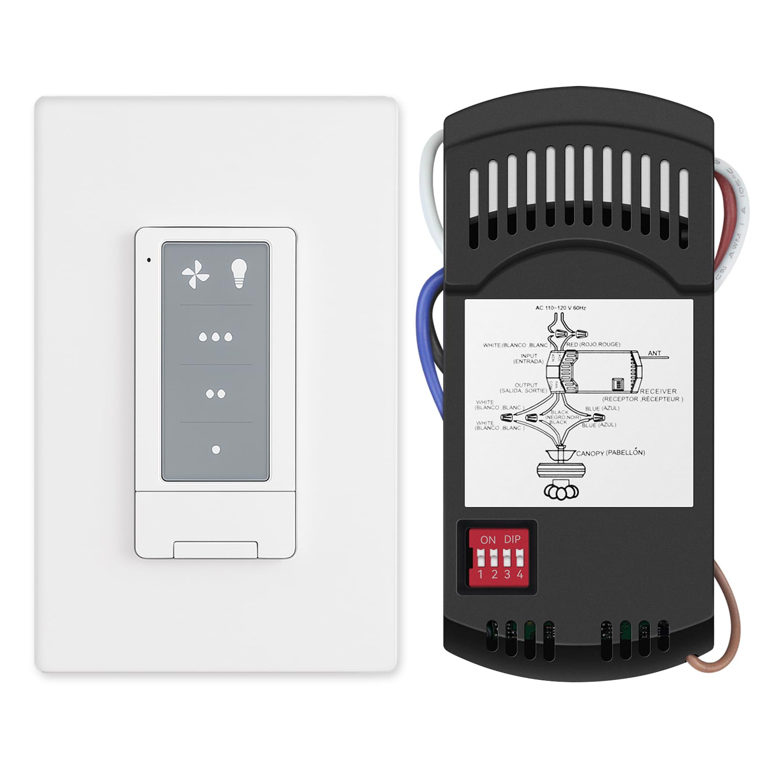 Kit di telecomando universale per ventilatore da soffitto con ricevitore, interruttore della luce a soffitto a 3 velocità, telecomando da parete con dimmer della luce, compatibile con Hampton Bay