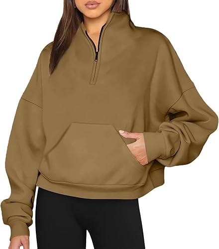 Miniatura 1 de Sudaderas casuales de gran tamaño con media cremallera para mujer, de manga larga, color liso, sin botones, con bolsillos