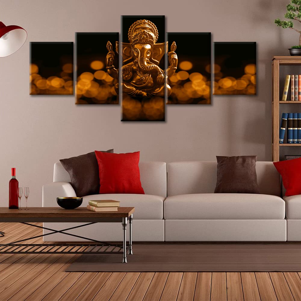 Ganesh Festival Poster e Stampe artistiche Lord Ganesha, 5 pezzi Lord Ganesha, decorazione da parete per soggiorno, giclée in legno incorniciato pronto da appendere (127 cm x 24 H)