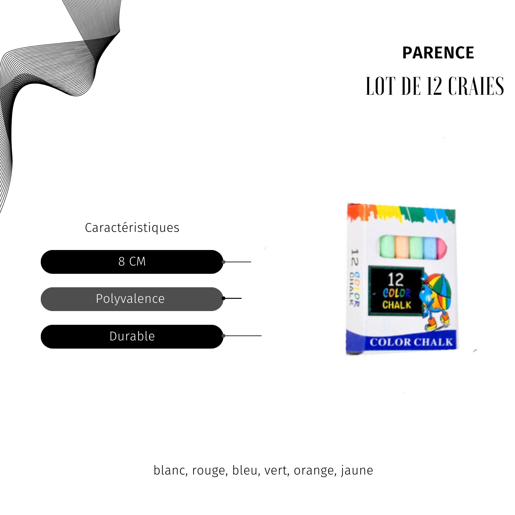 PARENCE.- Set de 12 tizas de colores/dibujo de pizarra/blanco, rojo, azul, verde, naranja, amarillo (x2) - 8cm