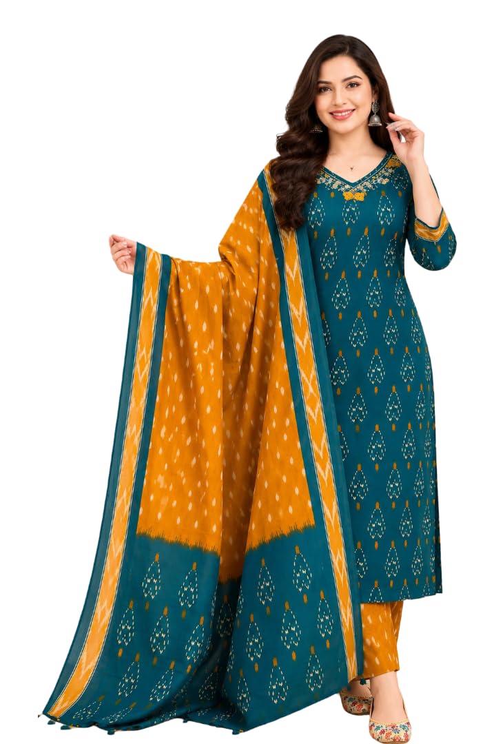 Women's Cotton Printed Kurta Pant Dupatta Set | 3 Piece Ethnic Suit Set | V-Neck Regular Fit | Soft Cotton | M-2XL | Teal Blue & Mustard-picture-29