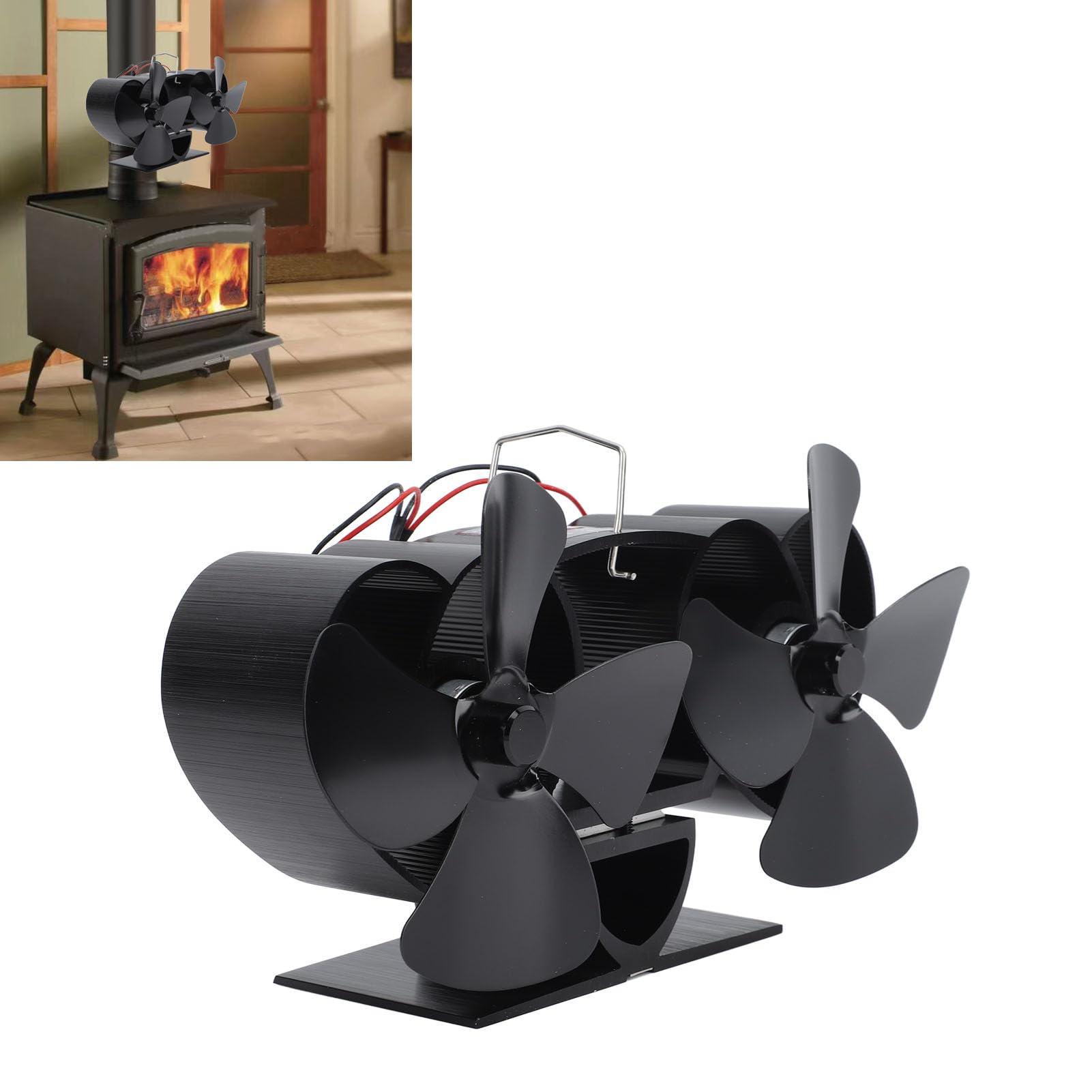 SIXRUN Ventilatore per Stufa Ventilatore per Stufa a Legna Alimentato a Calore Lega di Alluminio 4 Pale Ventola di Ricambio a Doppia Testa per a Cherosene a Legna Camino Riscaldamento Domestico