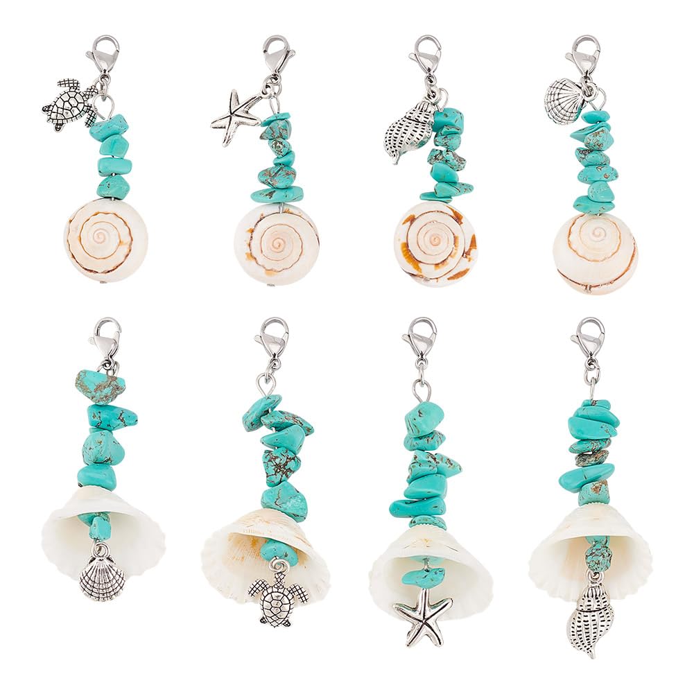 GOMAKERER 16 Pcs Key Chain Charms, Natural Shell and Synthetic Turquoise Chip Pendants European Dangle Charms for Women Ladies for Handbag Purse Backpack Pendant Charms Decoration