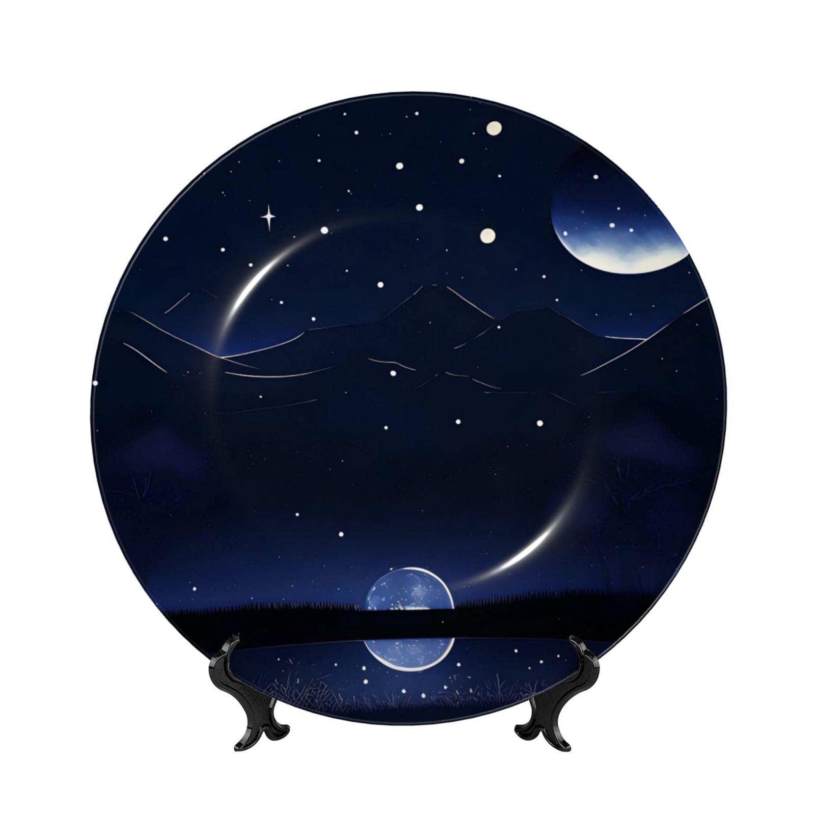 SXZVVBN Serene blue night view Bone China Decorative Plate Art with Stand Removable Adhesive Hanging for Home Office 6in（15cm）