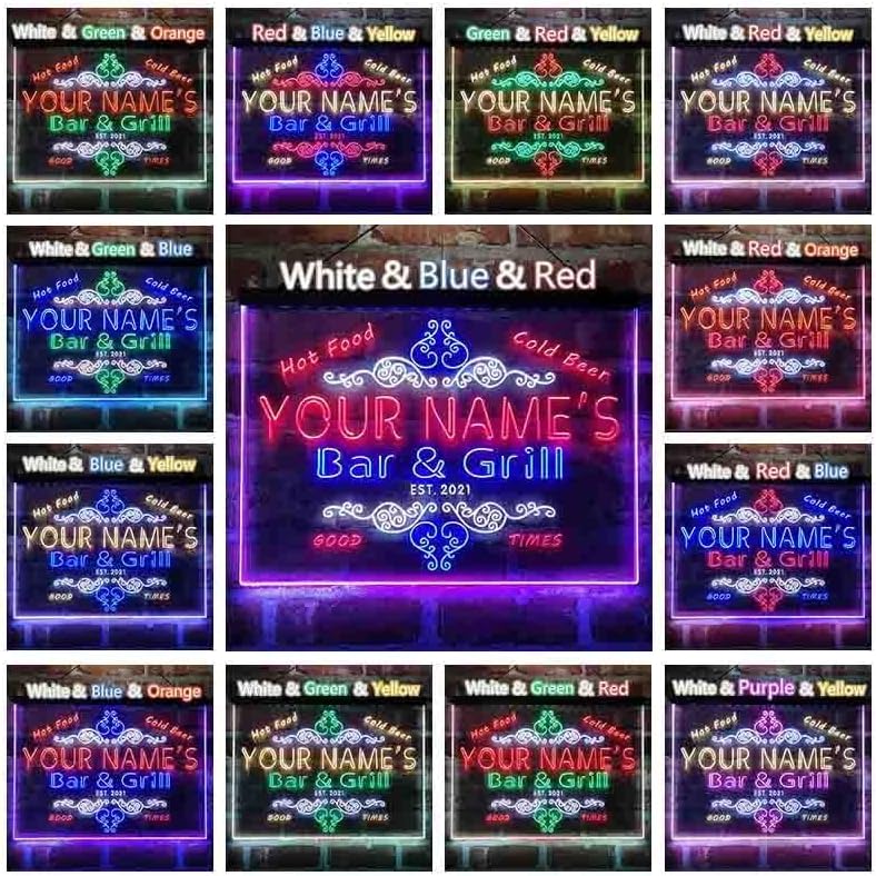 Miniatura 4 de Letrero de luz de neón LED tricolor personalizado para bar y parrilla, nombre personalizado, fecha, texto, cita, fuente blanco, azul y rojo, 17.7 x