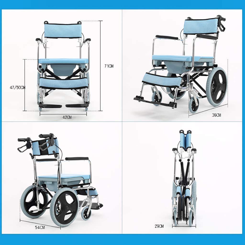 Sillas de Ruedas Autopropulsadas Plegables Ligeras con Inodoro, Baño Robusto Plegable Mde Aluminio Acolchado Asiento Respcon Frenos de Mano/Blue