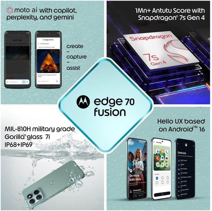 Image of Motorola Edge 70 Fusion 5G (Pantone Blue Surf, 8GB RAM, 128GB Storage) | AI Features | 6.78-inch 144Hz AMOLED | Snapdragon 7s Gen 4 | 50MP + 13MP Camera | 32MP Selfie | 7000mAh | 68W TurboPower