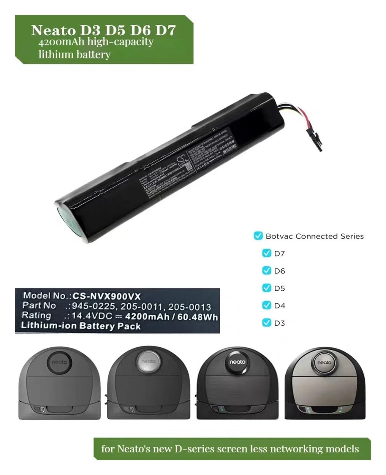 Zapasowy akumulator litowo-jonowy 14,4 V, 61 Wh, 4200 mAh. Pasuje do odkurzaczy Neato Botvac D3, D4, D5, D6 i D7 (205-0011) (12800 mAh)
