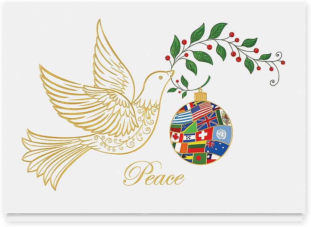 The Gallery Collection, 25 Personalized Christmas Cards with Foil-Lined Envelopes (Dove with Olive Branch), For Business or Consumer