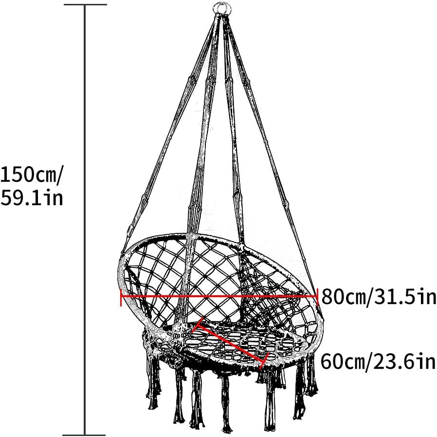 PIRNY Hammock Chair Rope Swing with Side Storage Bag-Handwoven Cotton Hanging Chair for Indoor Outdoor Patio Garden Porch,Capacity Up to 500 LB（White）