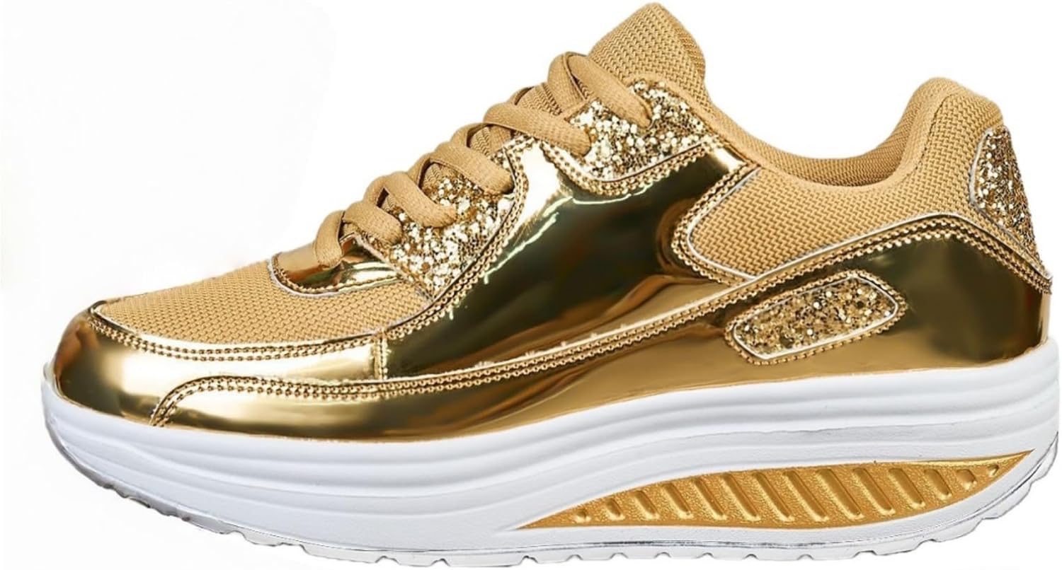 Women's Casual Style Platform Sneakers Lace Up Glitter Comfortable Wedge Shoes Fashion Walking and Hiking Trainers