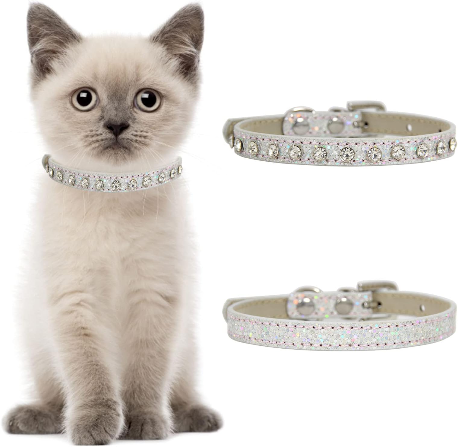 HACRAHO Leather Rhinestone Cat Collar, 2 PCS Pet Bling Rhinestone