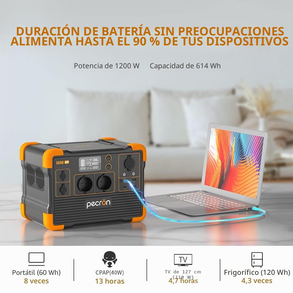 pecron Generador solar portátil E600LFP, 614 Wh LiFeP04 batería 1200 W AC salidas generador de corriente para viaje/camping/actividades al aire libre/emergencia (E600LFPEU)