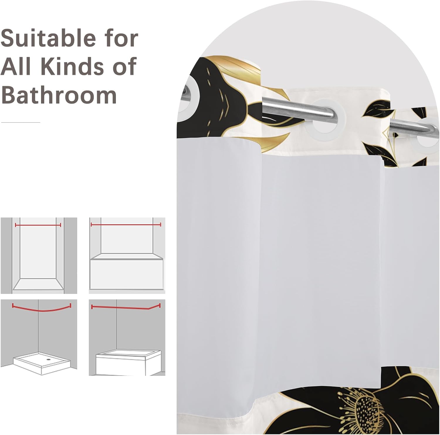 No Hook Shower Curtain,Black Flower Double-Layered Shower Curtain with Snap-in Liner and Weights,Fabric Bath Curtain with See Through Mesh, 71x74in