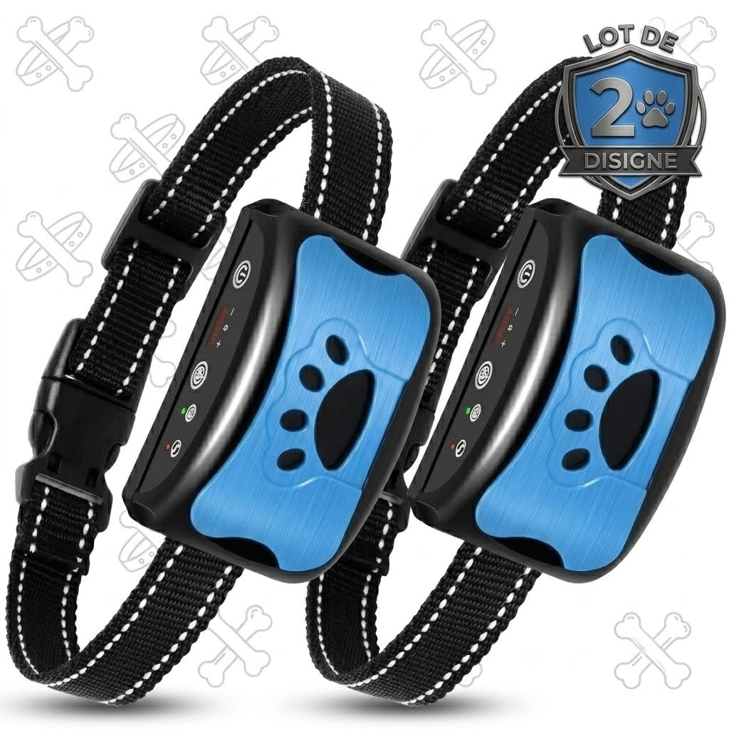 Pack de 2 Colliers Anti-Aboiement Chien Automatiques Bleu – Éducation Positive sans Choc Électrique, Vibration & Son, Rechargeable et Étanche IP67