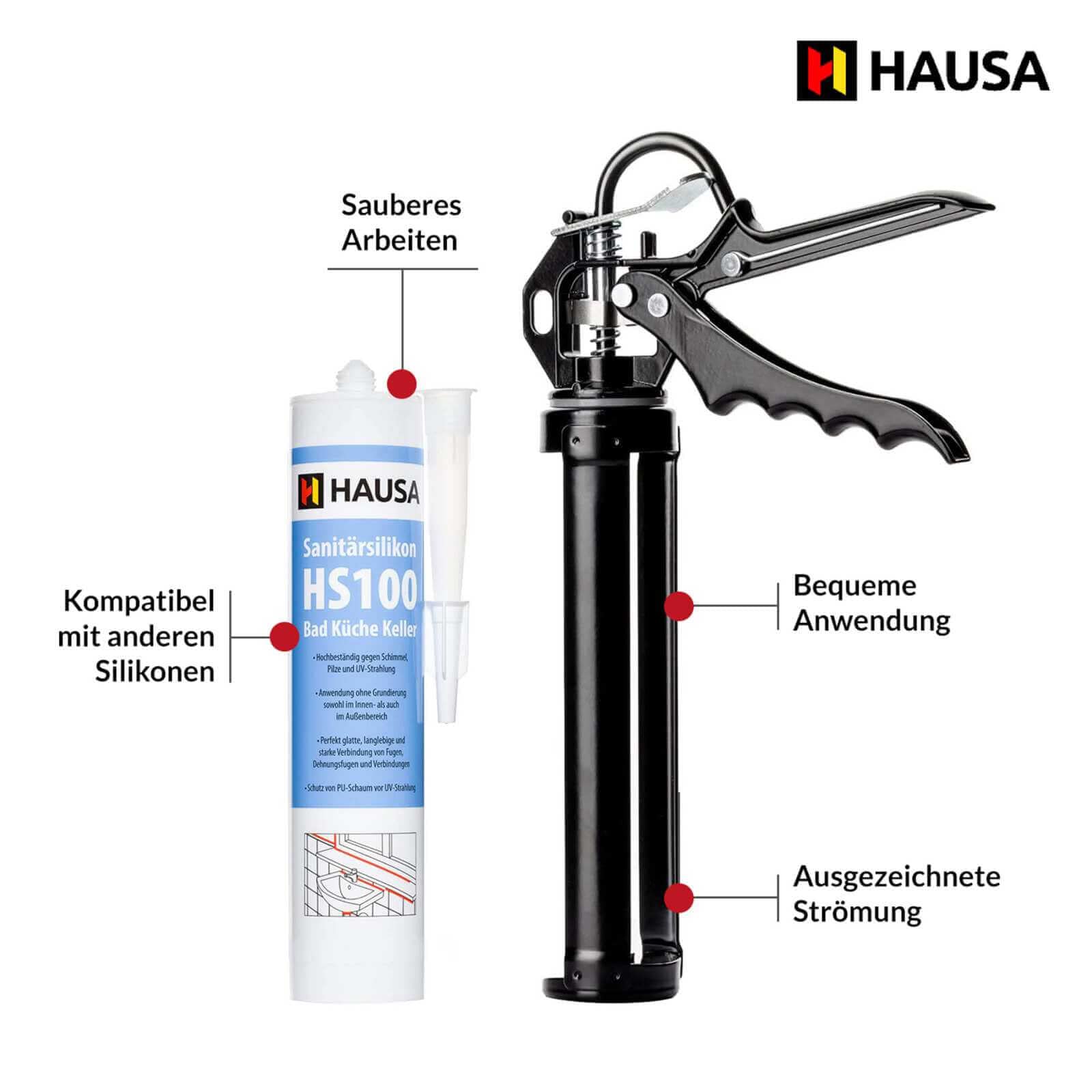 Hausa KIT PRO18 Pistola per cartuccia e HS050 silicone sanitario antracite, siringa per silicone, cartuccia di colla, colla per acquario, per cartucce con sigillante e colla, silicone, acrilico