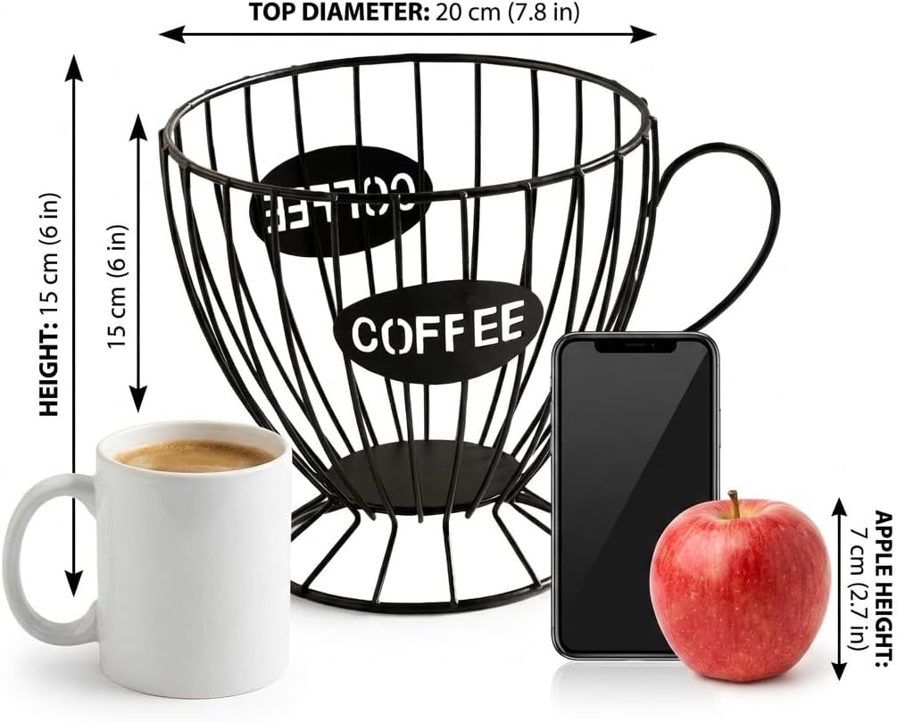 Metal Coffee Capsule Holder, Large Capacity 15cm Opening, Durable Thick Metal Wire Storage Basket for Kitchen & Office – Holds 50+ Capsules, Tea Bags, Snacks,