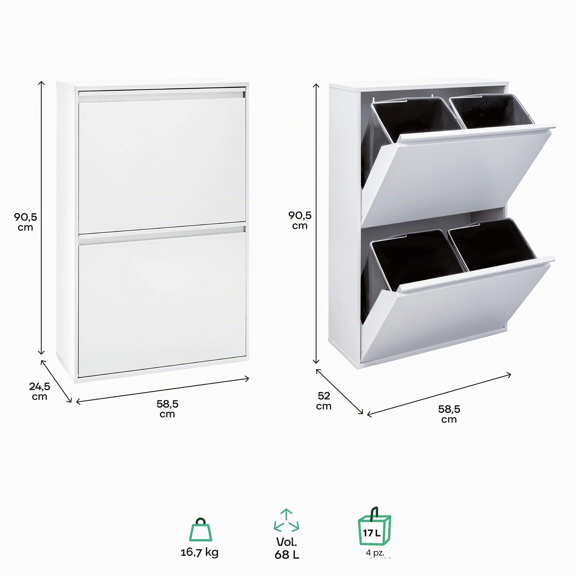 ARREGUI Basic CR601-B Pattumiera Differenziata 4 Scomparti | 4x17 L (68 L) | Contenitore in Acciaio da Interno | Mobile per Raccolta Differenziata | Cestino per Spazzatura da Cucina e Ufficio | Bianco