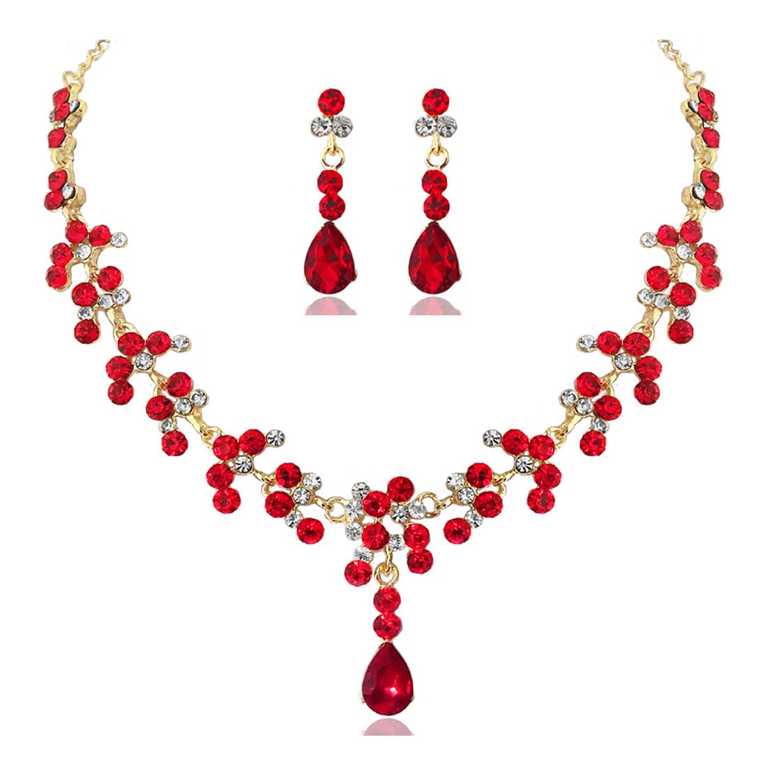 Prosy Juego de collar y aretes de diamantes de imitación para novia, collar de cristal dorado, para fiesta de novia, boda, conjuntos de joyas para mujeres y niñas (rojo)