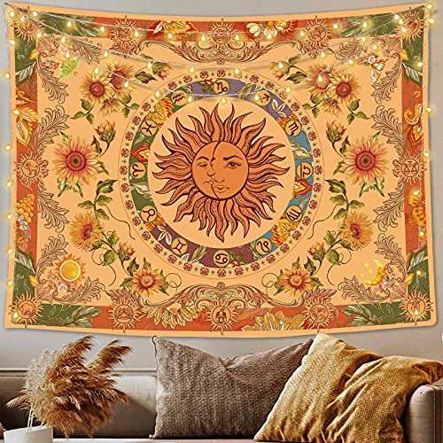 Accnicc Yellow Sun and Moon Tapestry Vintage Indie Boho Tapestry Wall Hanging with Sunflowers...