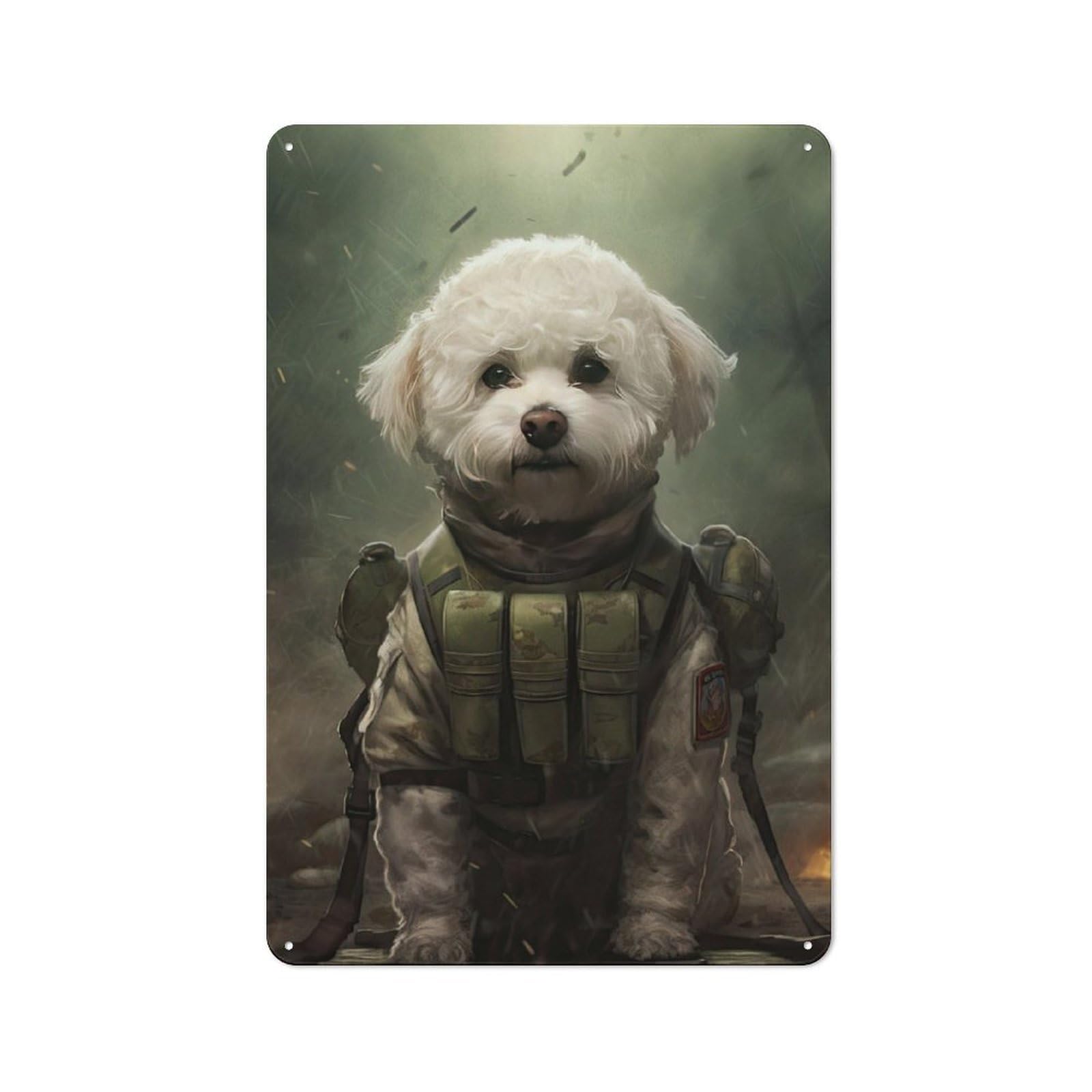 Junmoney Bichon Frise Soldier Tin Sign With Design 30X20cm, Vintage Workshop Wall Decor For Tool Room, Garage, Studio Or Home Bar