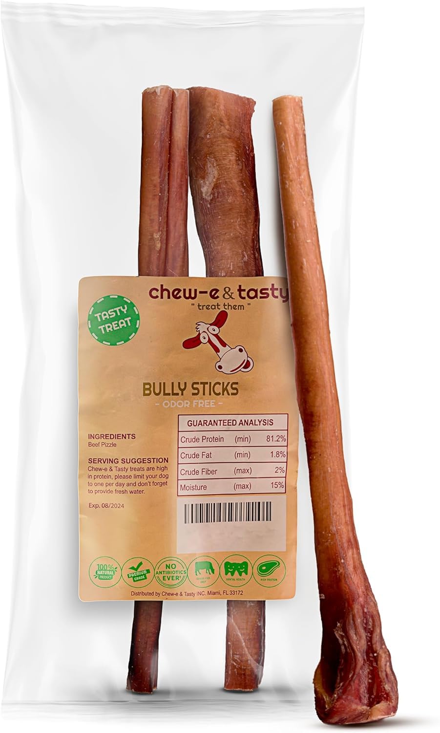 chew-e&tasty 12" Monster Odor Free Bully Sticks (Pack of 2) - Long Lasting Beef Chews - Made of Digestible High Protein & Low Fat Dental Treats Bully