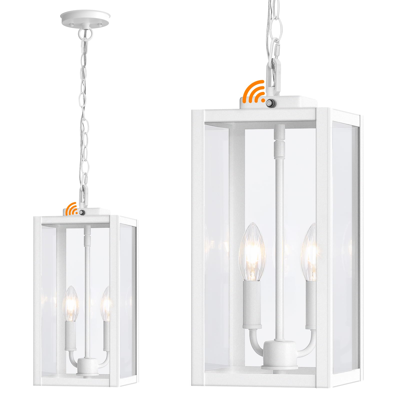 Large Outdoor Pendant Light 2-Light, 15'' Dusk to Dawn Modern Black Metal Outside Chandelier Exterior Hanging Fixture Ceiling Mount with Clear Glass for Front Porch Entrance Foyer Entryway, White