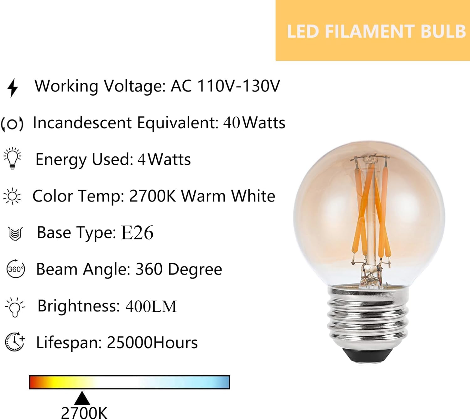 Sunaiony Amber Light Bulbs 40 Watt Equivalent Vintage Light Bulbs Warm White 2700K, E26 LED Bulb G16.5 Globe Dimmable Amber Light Bulbs, 4W LED Decorative Edison Light Bulb Amber Glass, 6Pack
