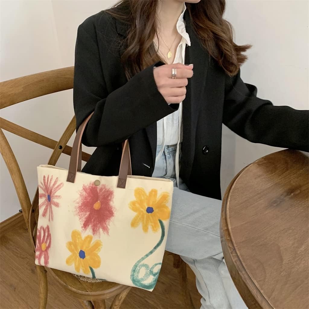 Ladies Canvas Handbag Graffiti Flower Single Shoulder Bag Girl's Hand Painted Student Shopping Messenger image 2