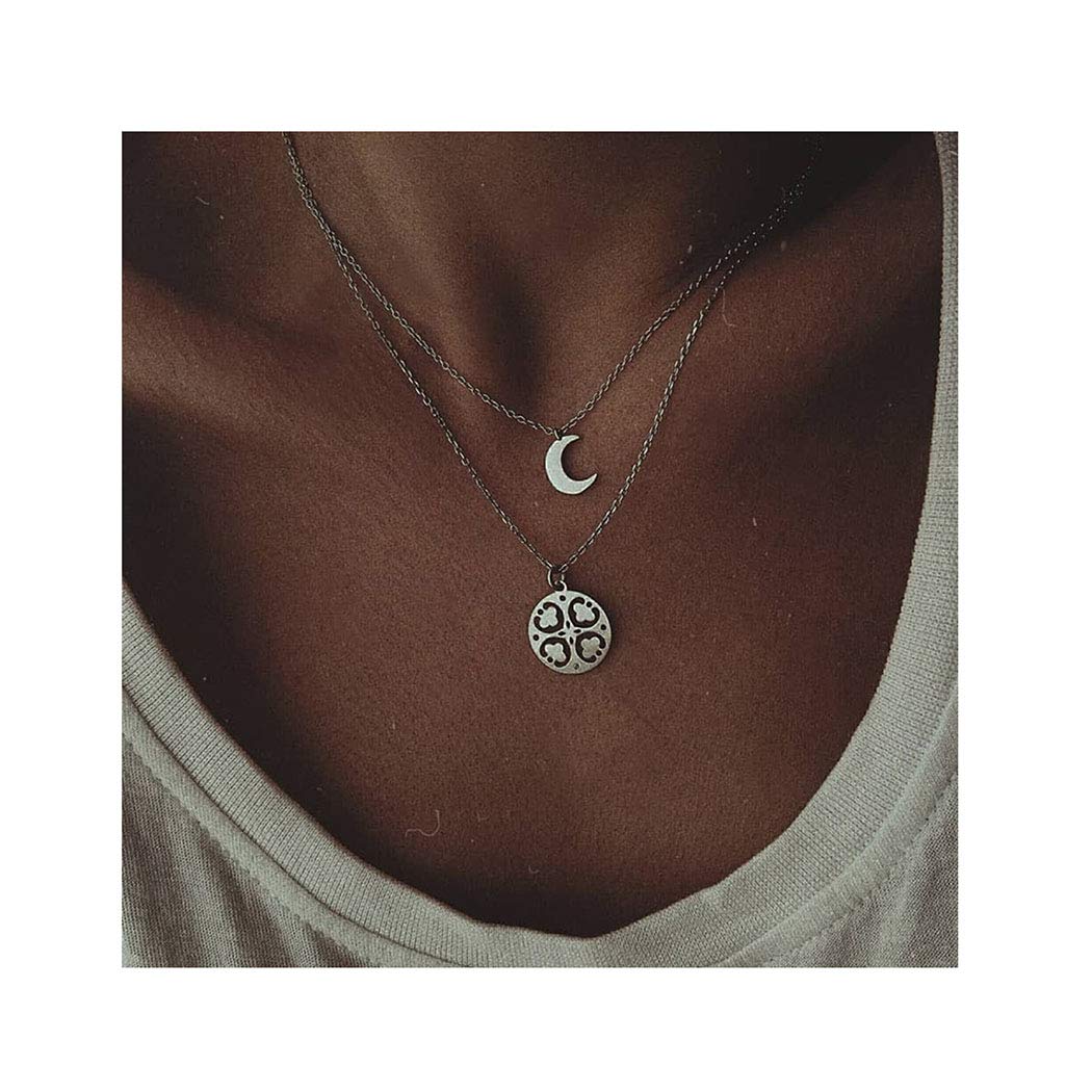 Edary Double Layered Necklace Moon Pendant Four-Leaf Clover Necklace Silver Neckalces Jewelry for Women and Girls